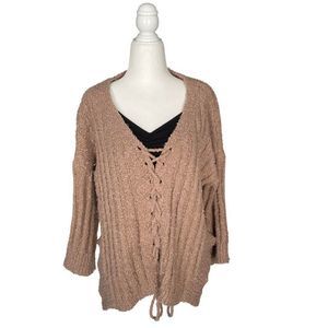 Fashion Nova Oversized Laced Front Sweater Camel Tan -  Size Small